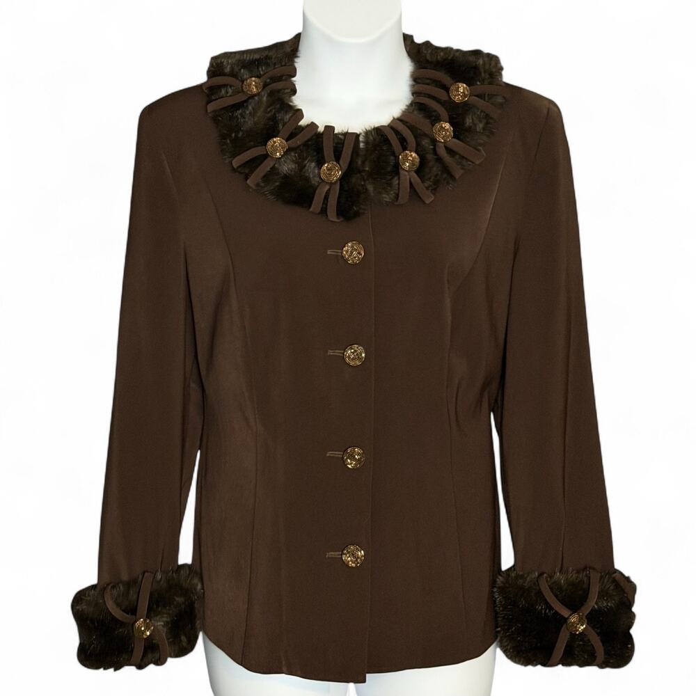 Justin Taylor Brown Faux Fur Blazer 16W Holiday Party Retro Glam Beaded Buttons